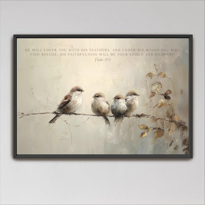 The image is a framed painting depicting four small birds perched on a branch, with a text overlay that reads "He will cover you with his feathers, and under his wings you will find refuge, his faithfulness will be your shield and rampart."