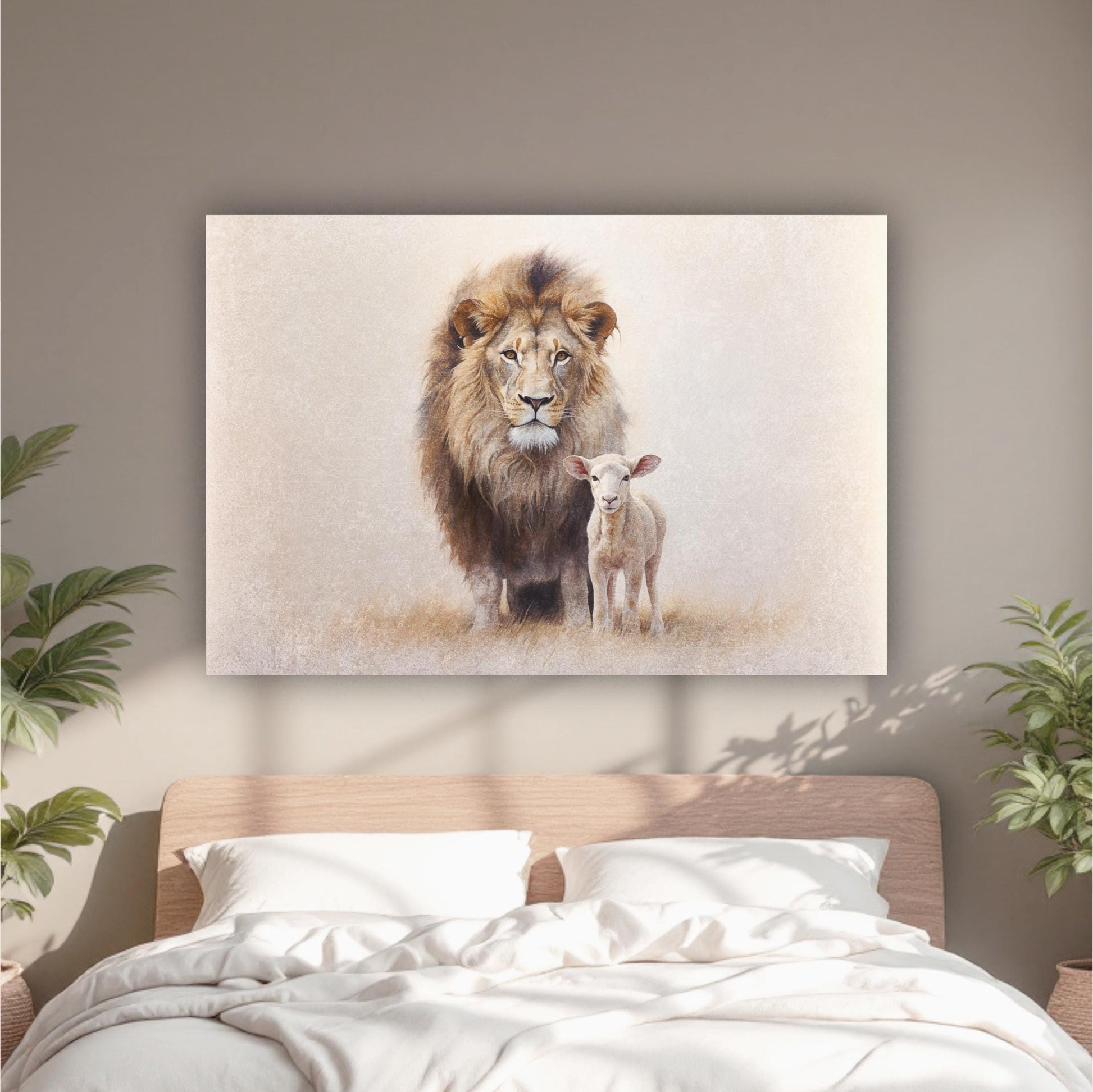 a lion and a lamb standing together in a peaceful setting, with the lion standing on the left and the lamb on the right.