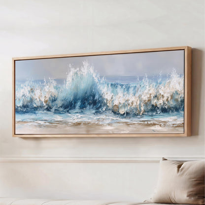 a large, framed painting of a crashing wave against a light blue sky.