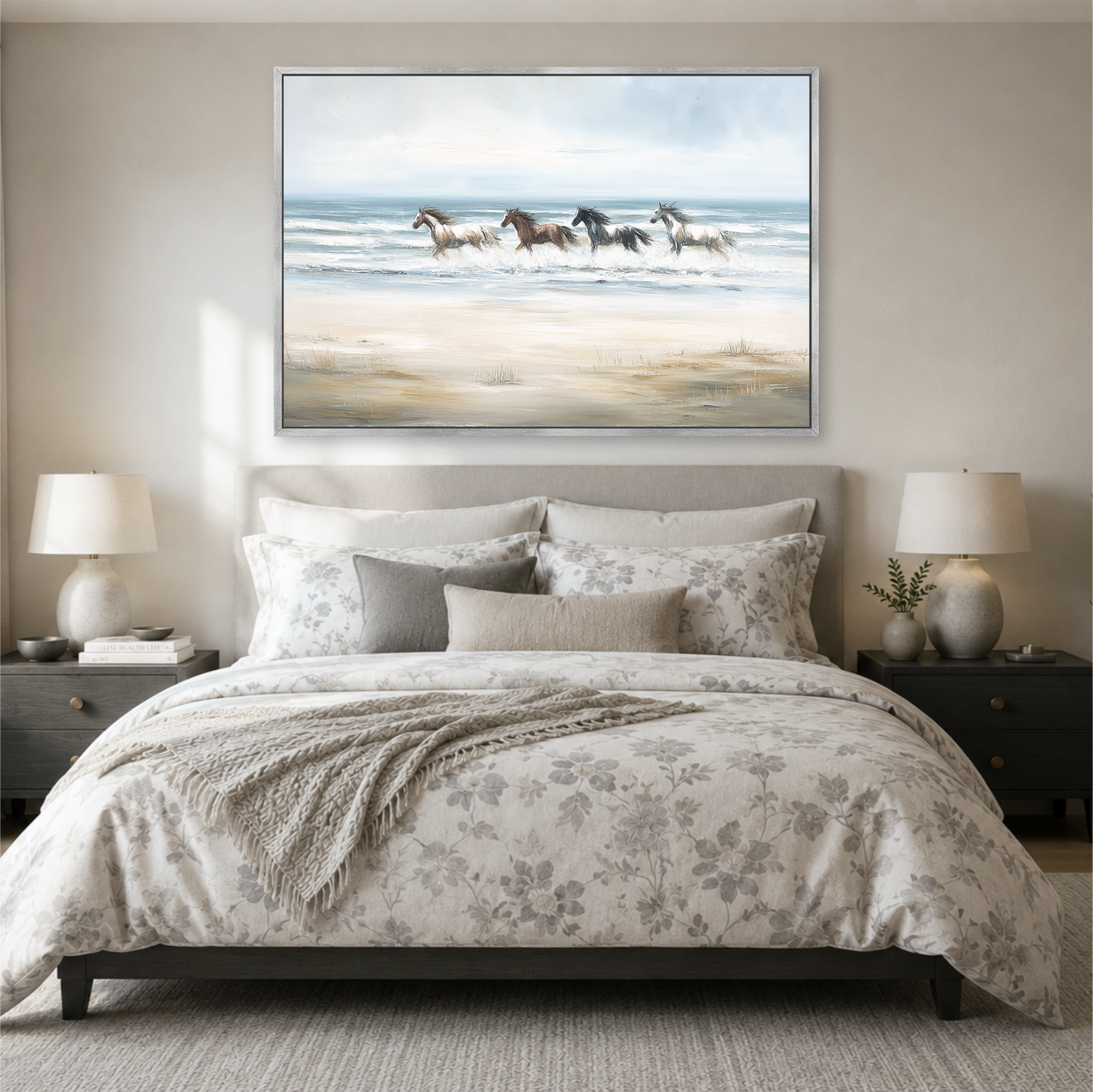 a serene bedroom scene with a large bed, a nightstand on each side, and a framed painting of horses running across a beach above the bed.