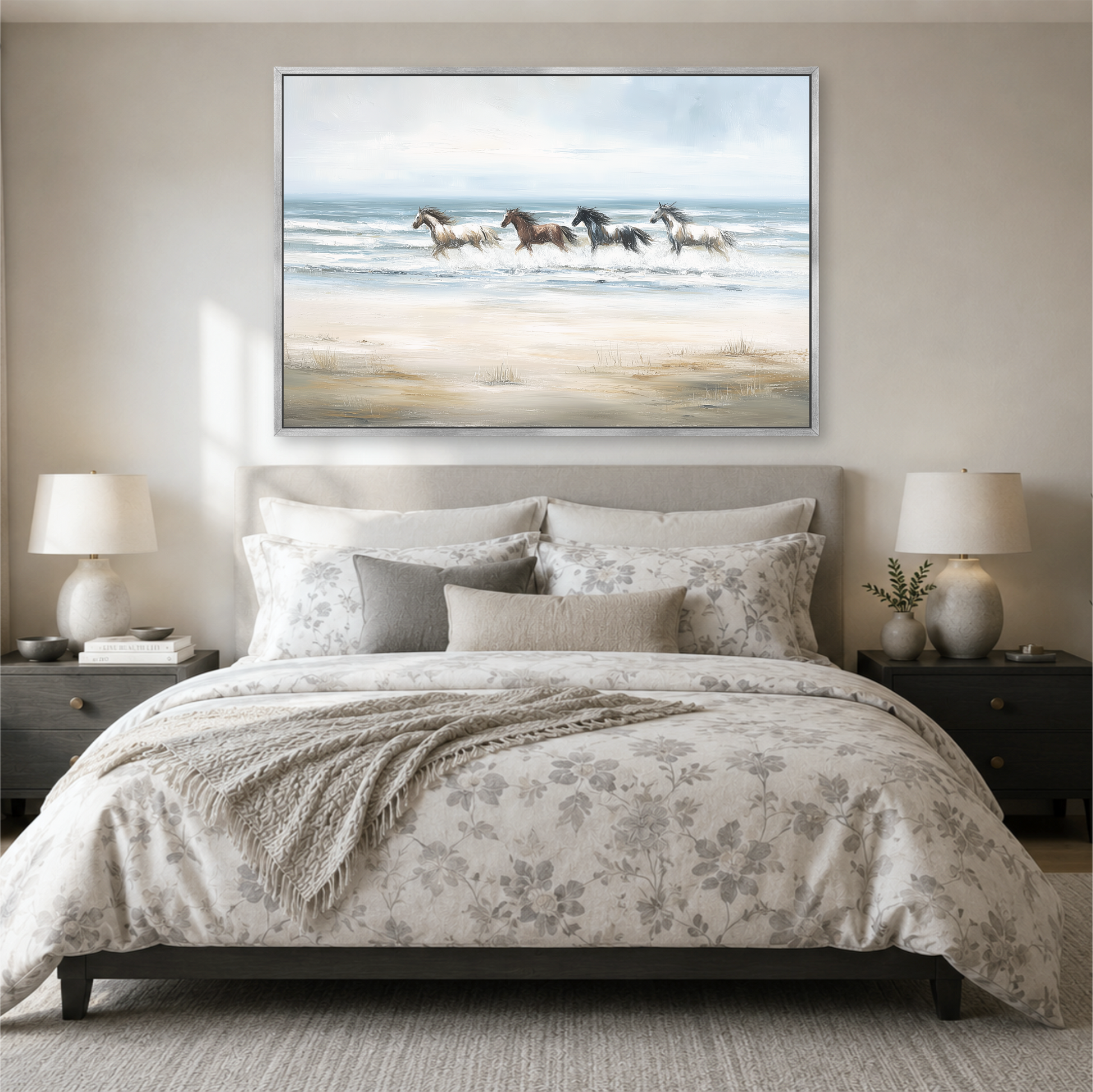a serene bedroom scene with a large bed, a nightstand on each side, and a framed painting of horses running across a beach above the bed.