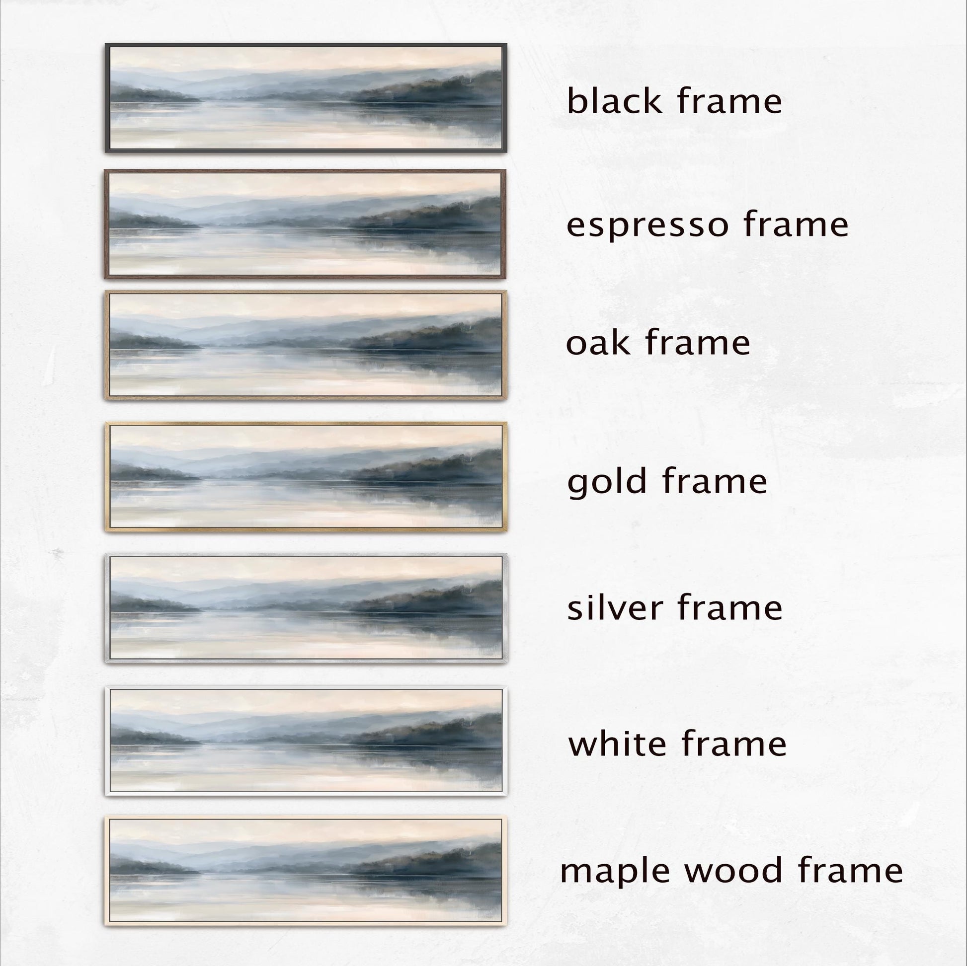 a series of six framed landscape paintings, each with a different frame color and style, arranged in a row.