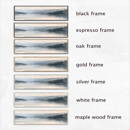 a series of six framed landscape paintings, each with a different frame color and style, arranged in a row.