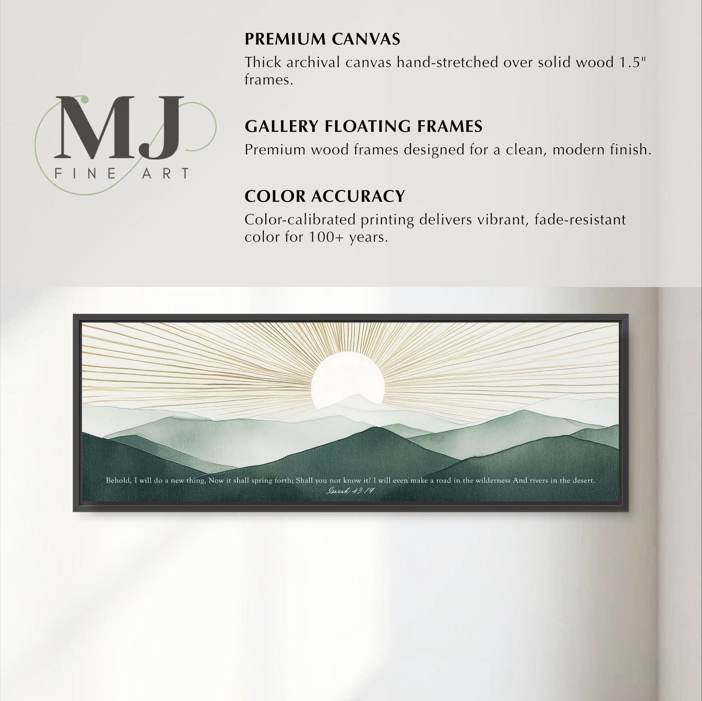 The image is a framed artwork depicting a serene landscape with mountains and a sun in the sky.