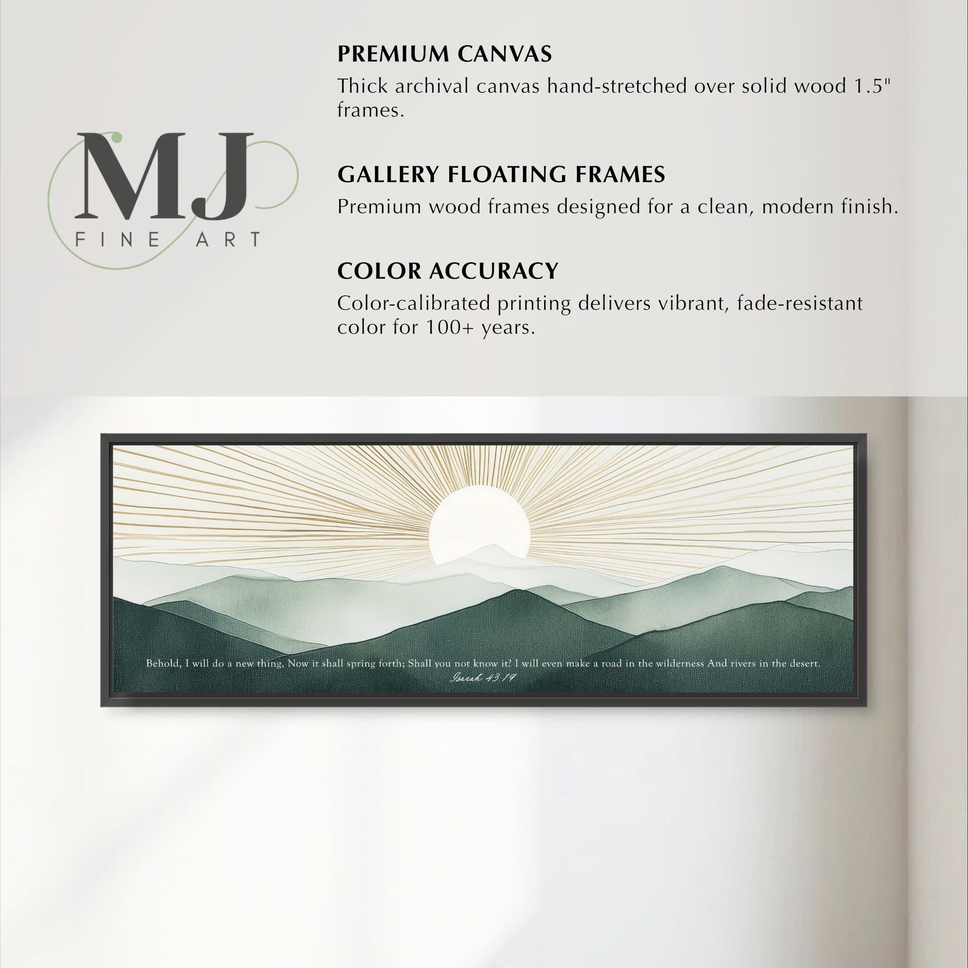 The image is a framed artwork depicting a serene landscape with mountains and a sun in the sky.