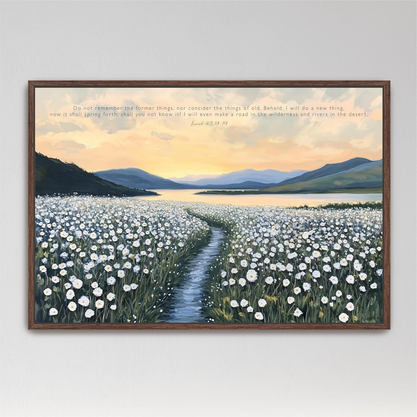 a serene landscape with a winding path leading through a field of white flowers, surrounded by mountains and a lake. The sky is filled with clouds, creating a peaceful and tranquil atmosphere.