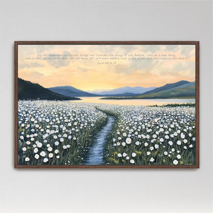 a serene landscape with a winding path leading through a field of white flowers, surrounded by mountains and a lake. The sky is filled with clouds, creating a peaceful and tranquil atmosphere.