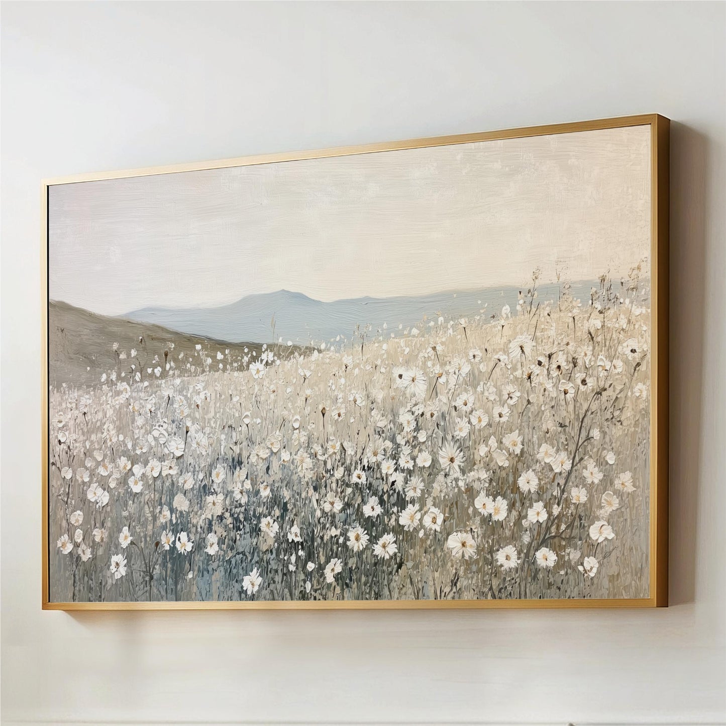 The image is a painting of a field of white flowers against a backdrop of mountains.