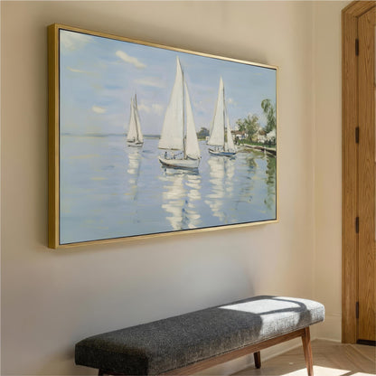 a large painting of three sailboats on the water, hanging on a wall above a gray bench.