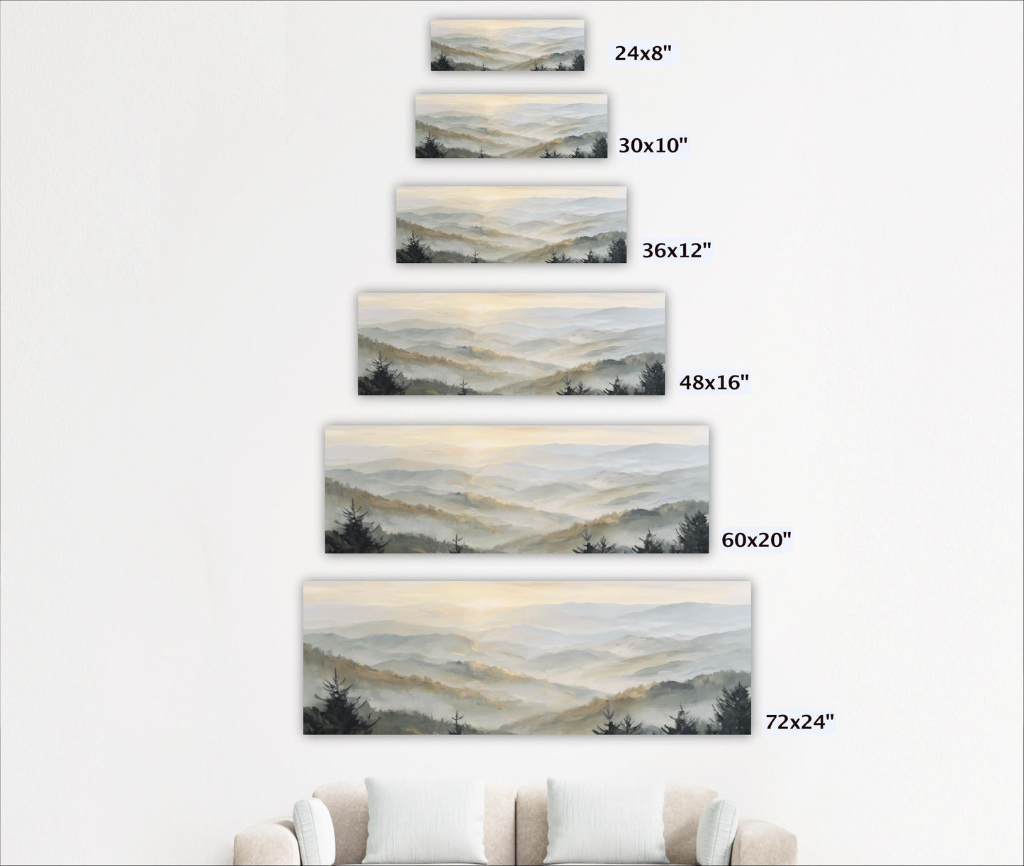 A series of landscape paintings depicting mountains and forests, each with a different size and resolution.