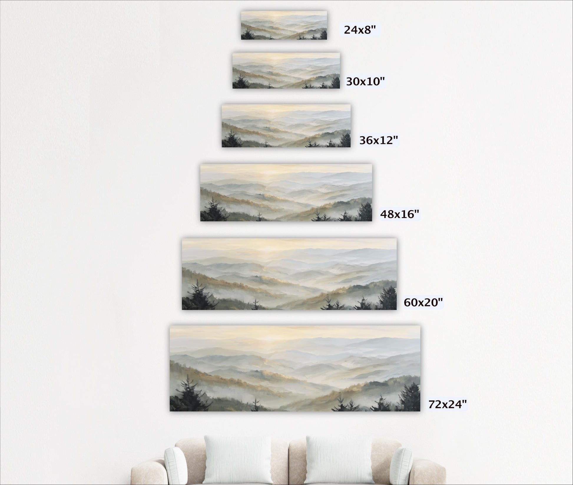 A series of landscape paintings depicting mountains and forests, each with a different size and resolution.