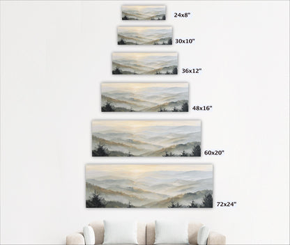 A series of landscape paintings depicting mountains and forests, each with a different size and resolution.