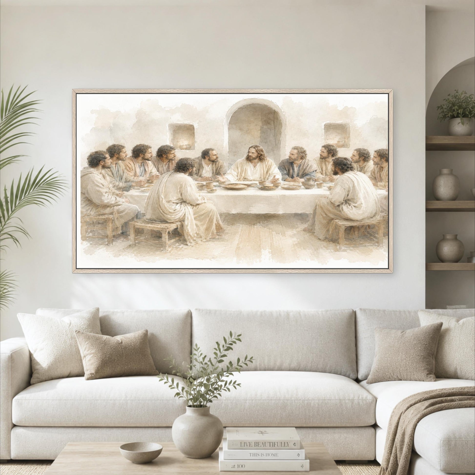 a large painting of Jesus Christ and his twelve apostles gathered around a table for the Last Supper, with the figures seated on wooden chairs and the table covered with a white cloth.