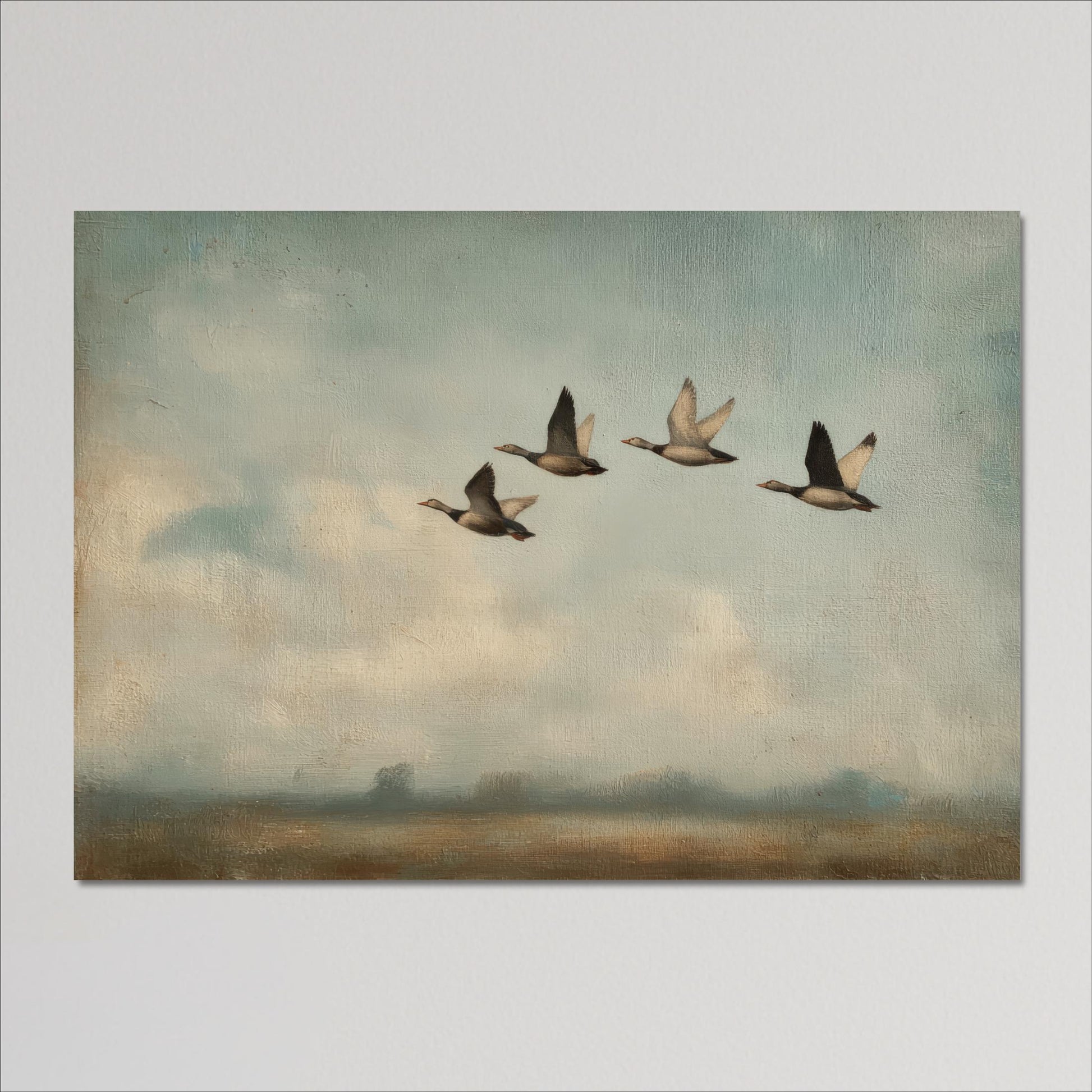 A group of five ducks flying in a line across a cloudy sky.