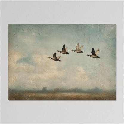 A group of five ducks flying in a line across a cloudy sky.