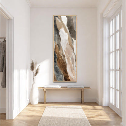 a bright and spacious room with a large abstract painting hanging on the wall. The room has a wooden bench, a white vase, and a rug on the floor, creating a cozy and inviting atmosphere.