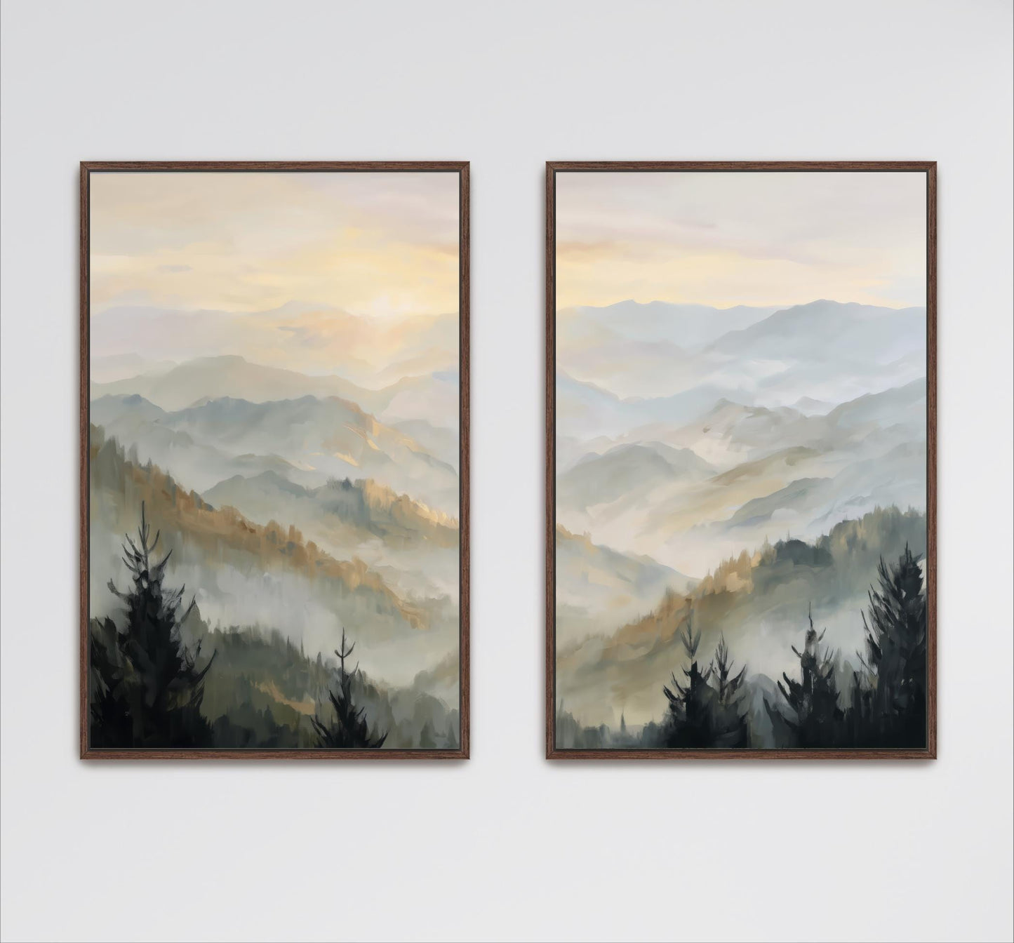 two framed landscape paintings depicting a serene mountain scene with trees and a hazy, golden sky.
