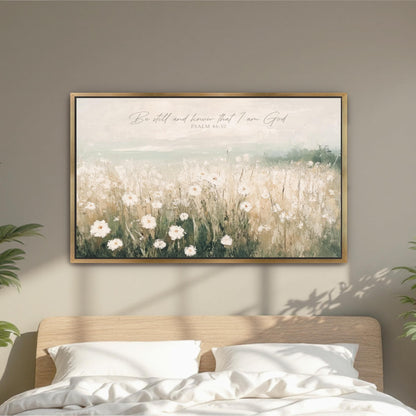 a framed painting of a field of white flowers hanging on a wall above a bed with white pillows.