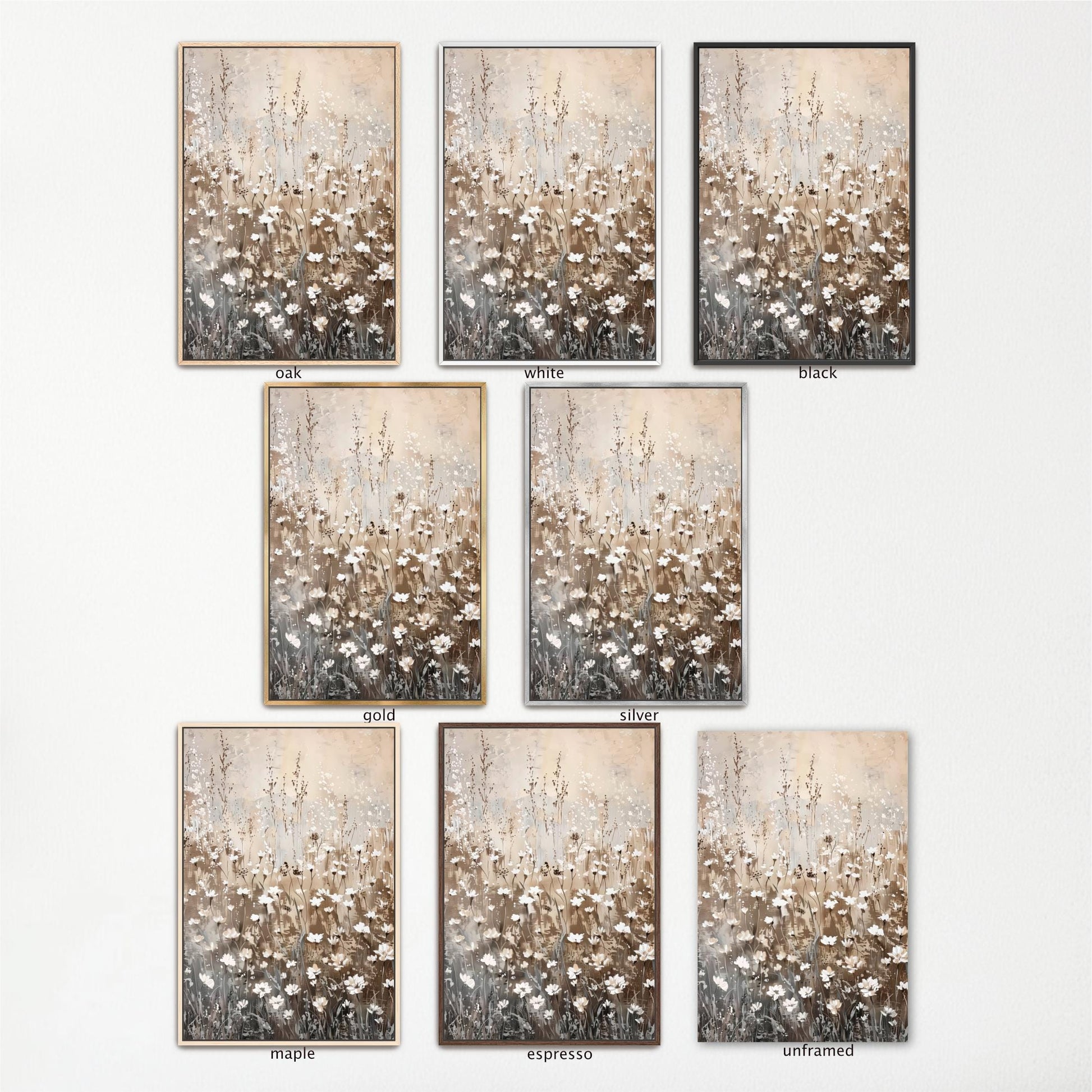 a collection of nine framed artworks, each depicting a different floral design. The artworks vary in size and frame style, showcasing a diverse range of artistic expressions.