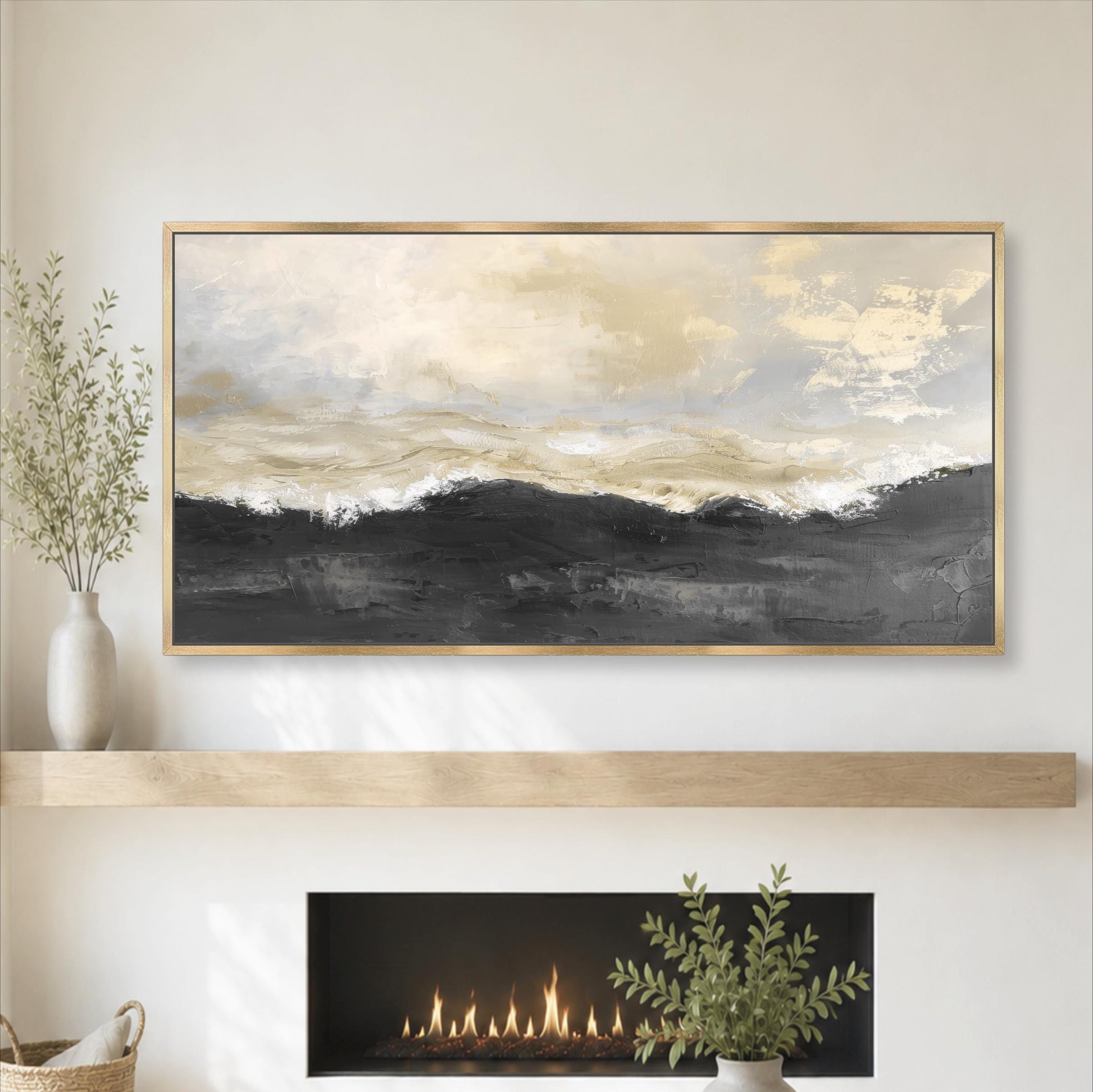 Abstract Black Gold Gray Framed Art, Canvas Print, Neutral Modern Beige Seascape Coastal Landscape Wall Decor, Large Artwork Ocean Shipped