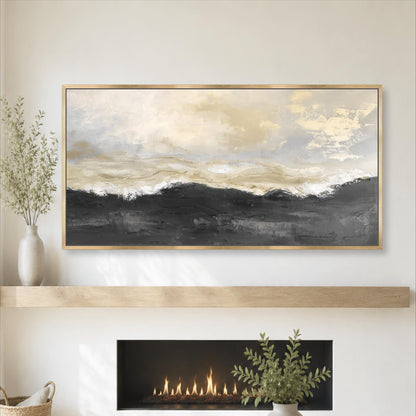 Abstract Black Gold Gray Framed Art, Canvas Print, Neutral Modern Beige Seascape Coastal Landscape Wall Decor, Large Artwork Ocean Shipped