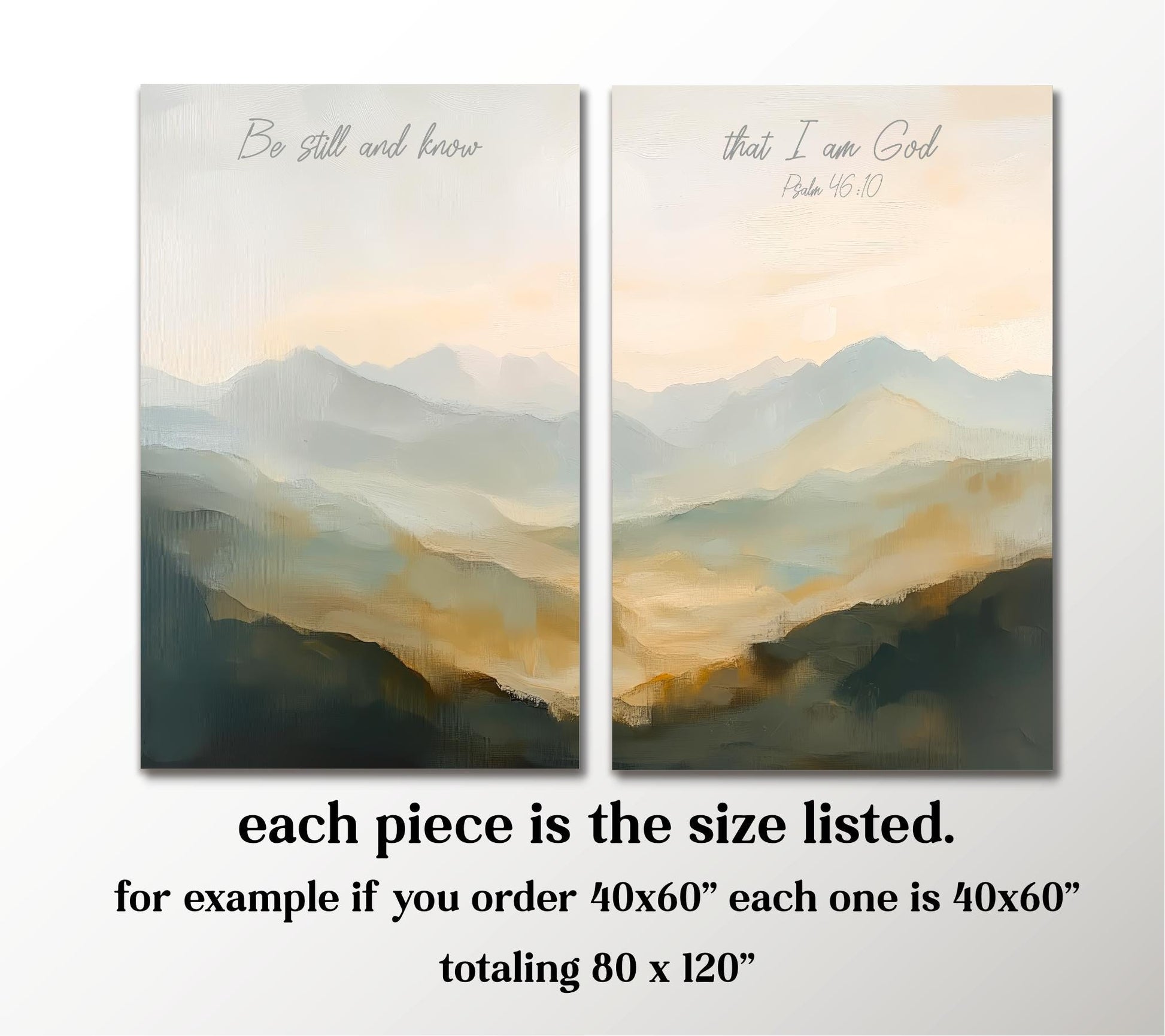 The image is a collage of two paintings depicting mountains. Each piece is the size listed, with 40x60 being the maximum size for each piece. The total size of the collage is 80 x 120 inches.