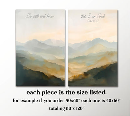 The image is a collage of two paintings depicting mountains. Each piece is the size listed, with 40x60 being the maximum size for each piece. The total size of the collage is 80 x 120 inches.
