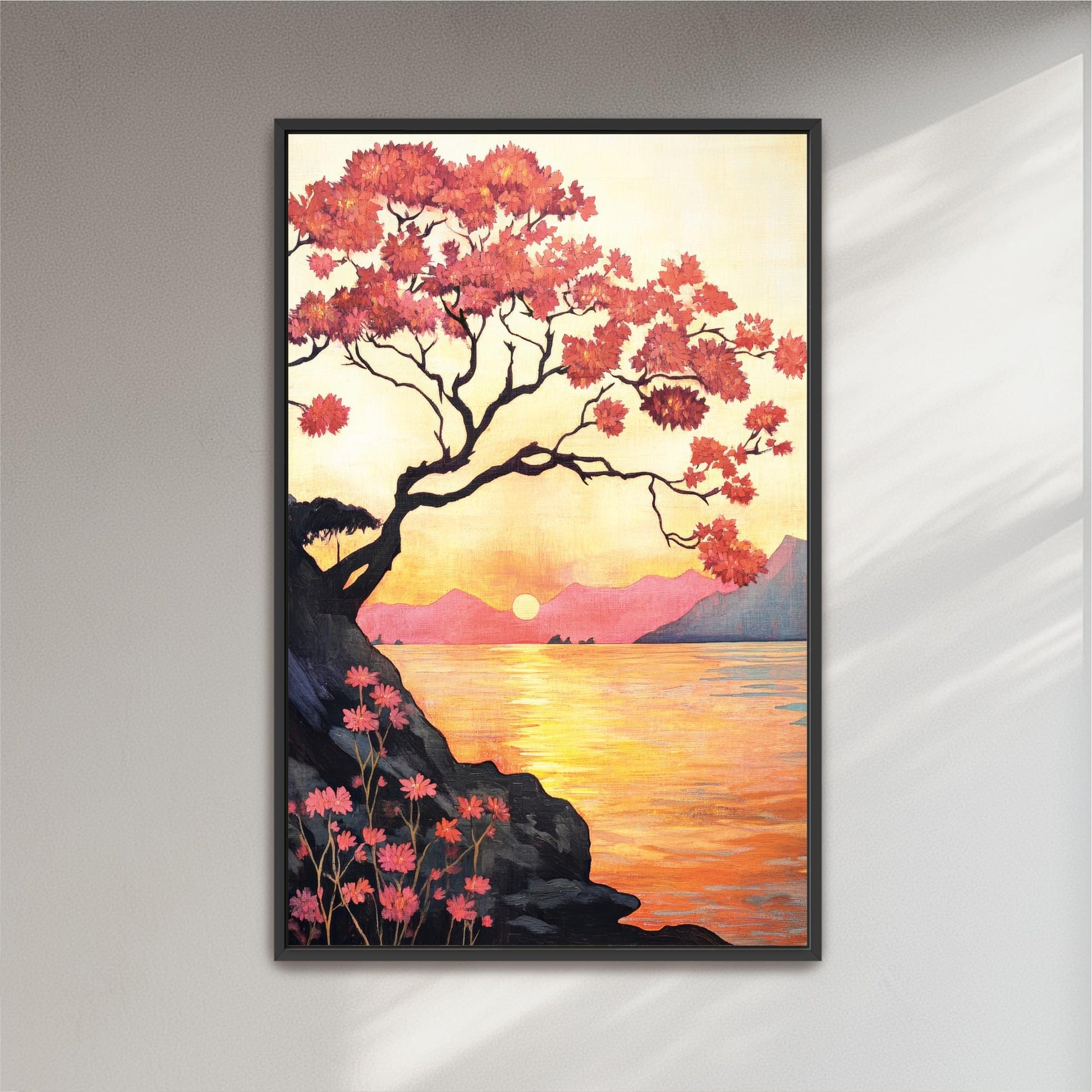 a painting of a tree on a cliff by the water