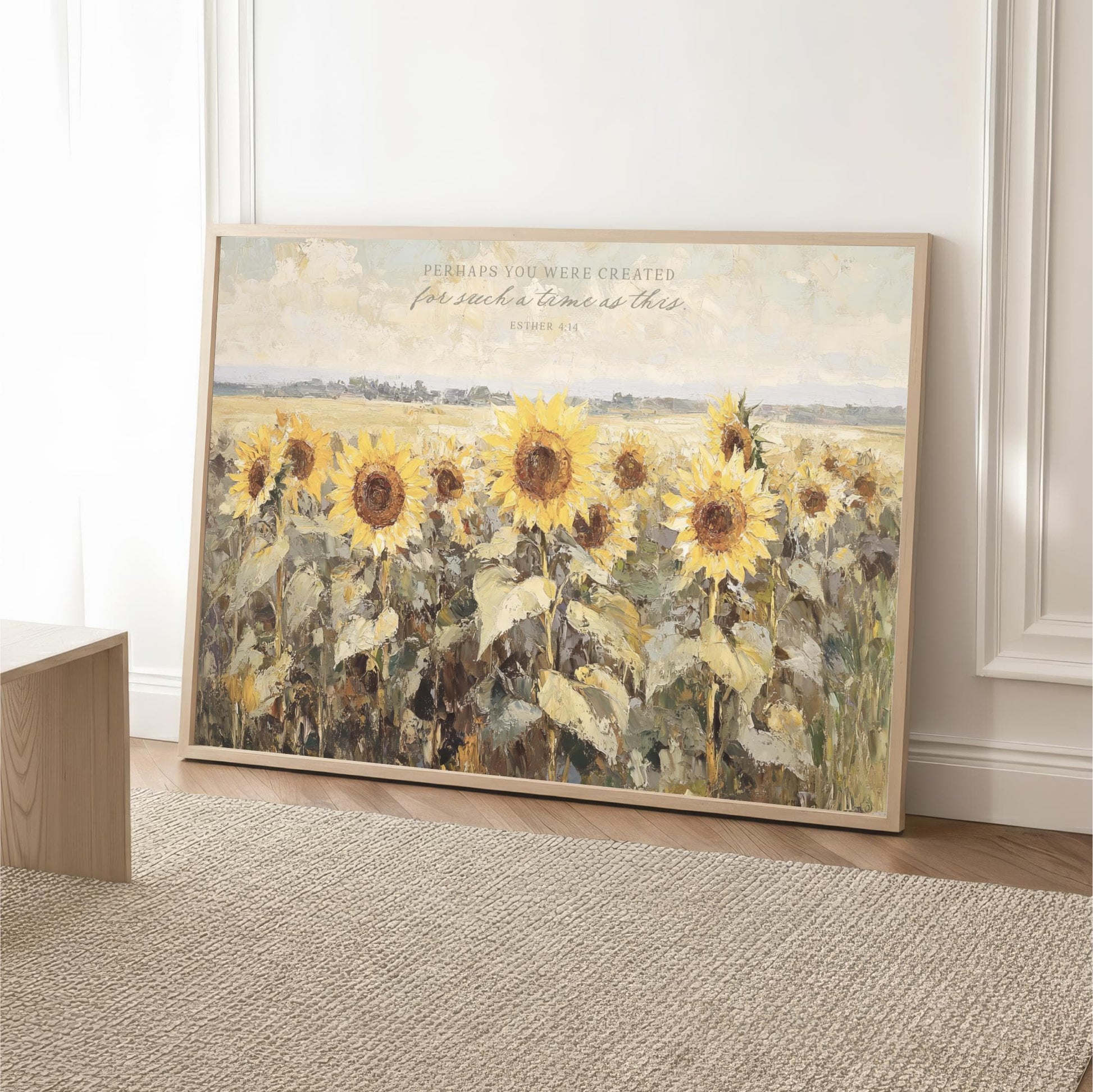 A large framed painting depicting a field of vibrant yellow sunflowers against a serene landscape.