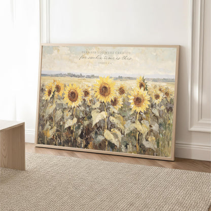 A large framed painting depicting a field of vibrant yellow sunflowers against a serene landscape.