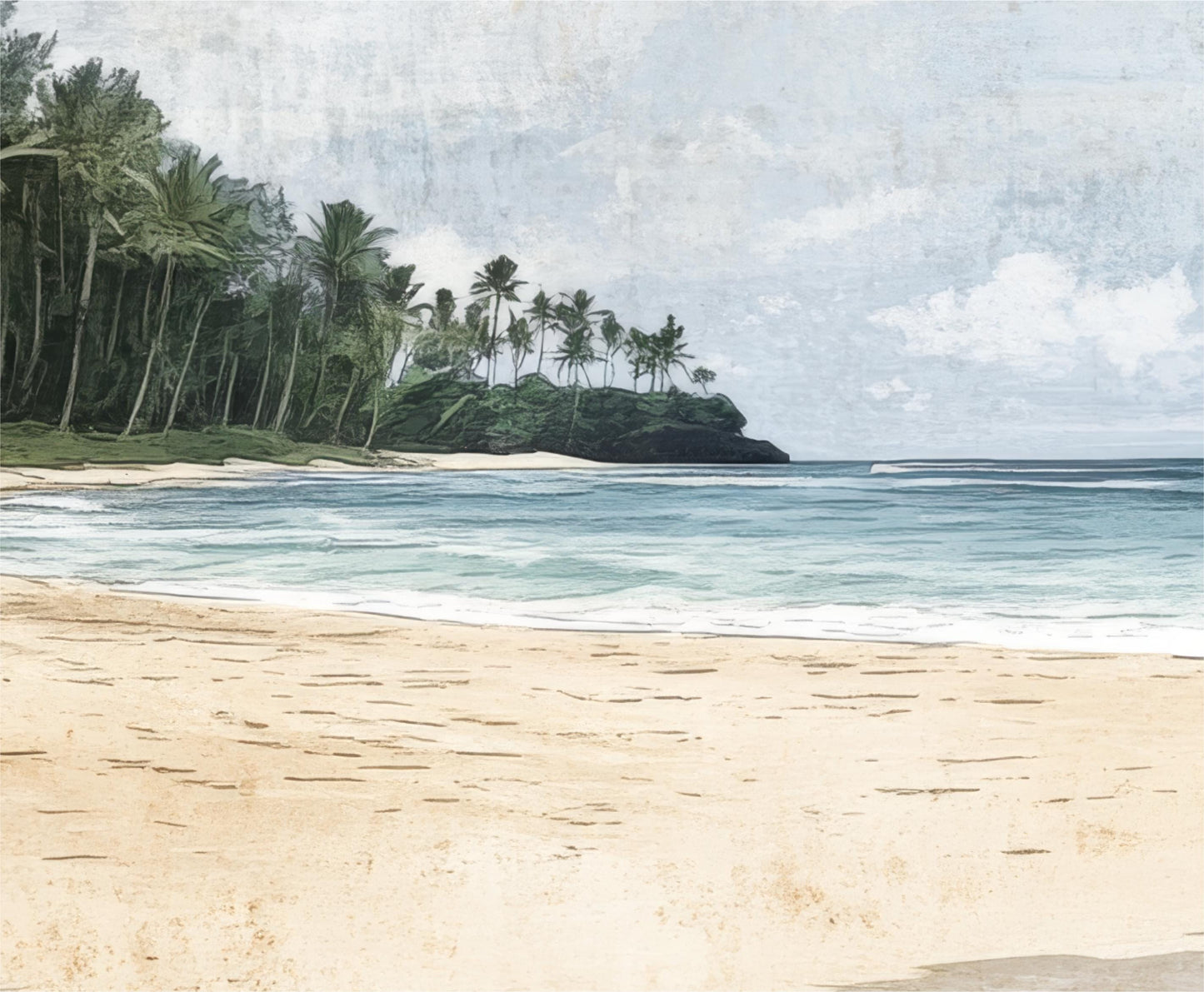 a painting of a beach with palm trees