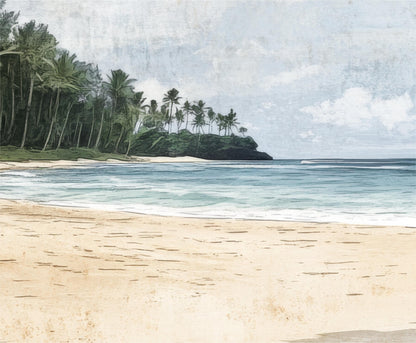 a painting of a beach with palm trees
