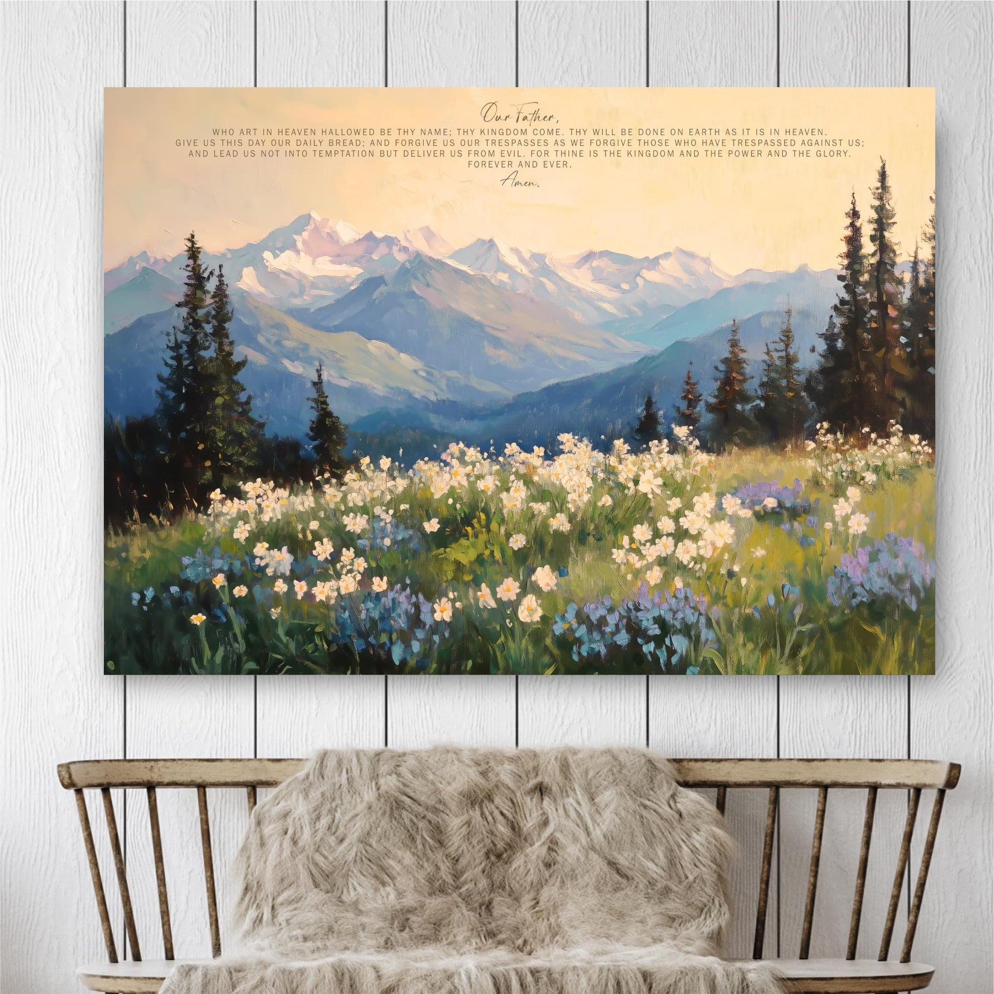 The image is a large painting depicting a serene mountain landscape with a field of wildflowers in the foreground.