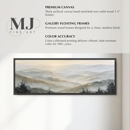 The image is a framed artwork depicting a landscape with mountains and trees. The frame is made of thick archival canvas hand-stretched over solid wood, and it is designed to be a gallery floating frame. The color accuracy of the print is excellent, delivering vibrant and fade-resistant color for 100+ years.