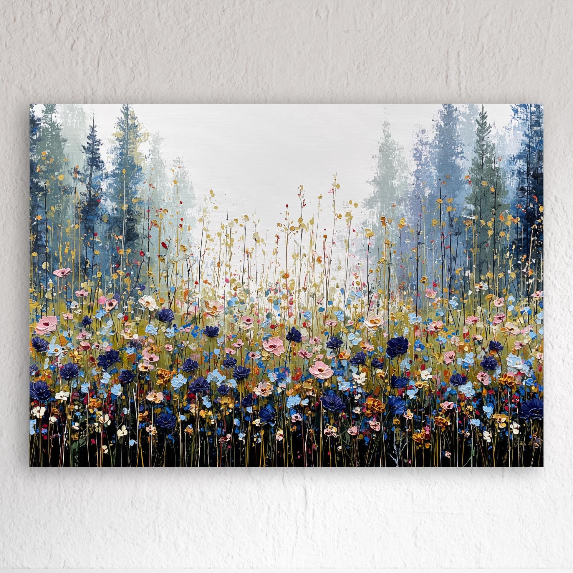 The image is a vibrant painting depicting a field of flowers with tall trees in the background.