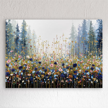 The image is a vibrant painting depicting a field of flowers with tall trees in the background.