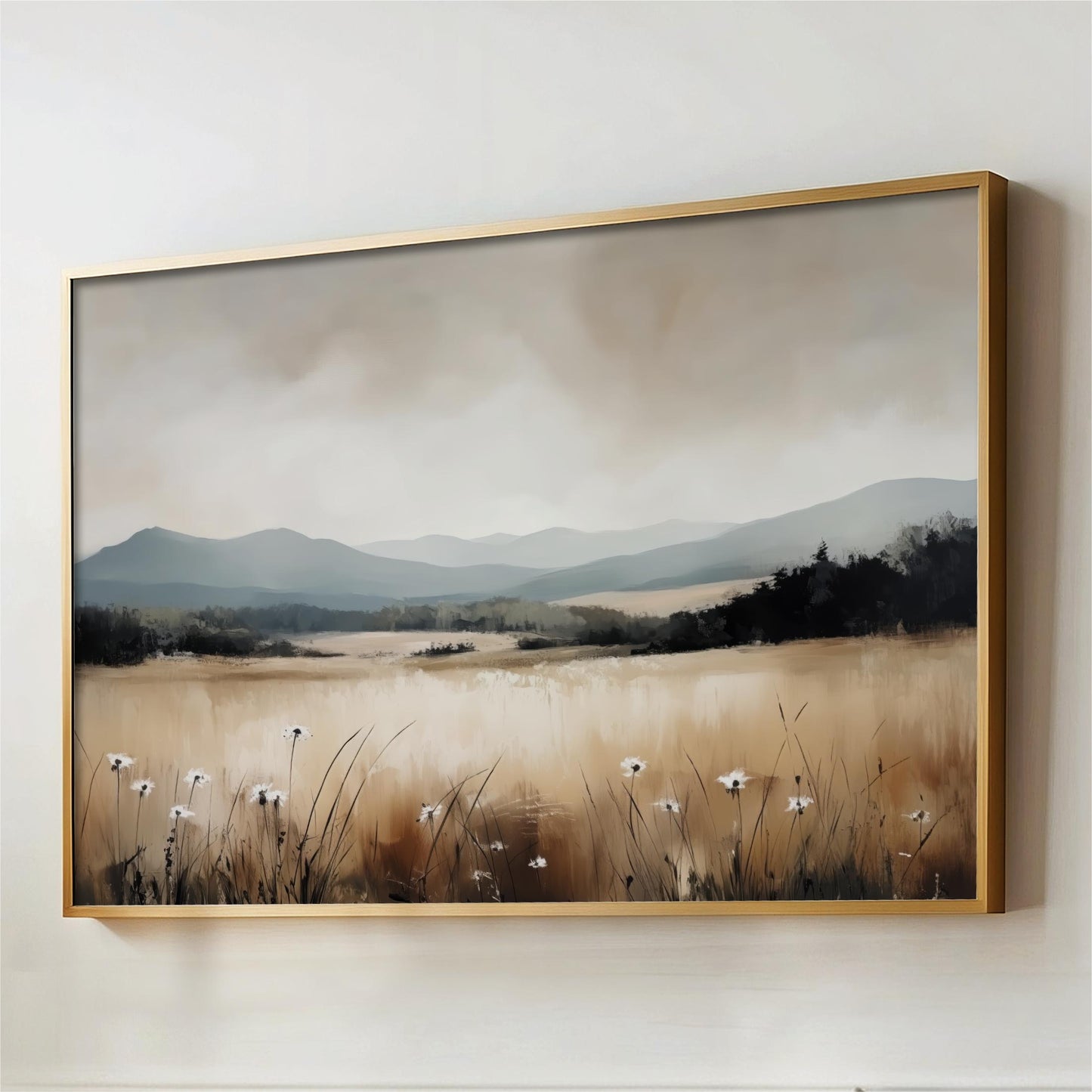 Neutral Landscape Wall Art Framed Canvas, Mountains Meadow Wildflowers Bring the quiet beauty of the highlands into your home with this horizontal mountain landscape. This canvas features a sophisticated sepia and charcoal palette, capturing a misty mountain range overlooking a golden wildflower meadow. With its minimalist yet textured feel, it acts as a calming focal point that brings a touch of the countryside indoors.