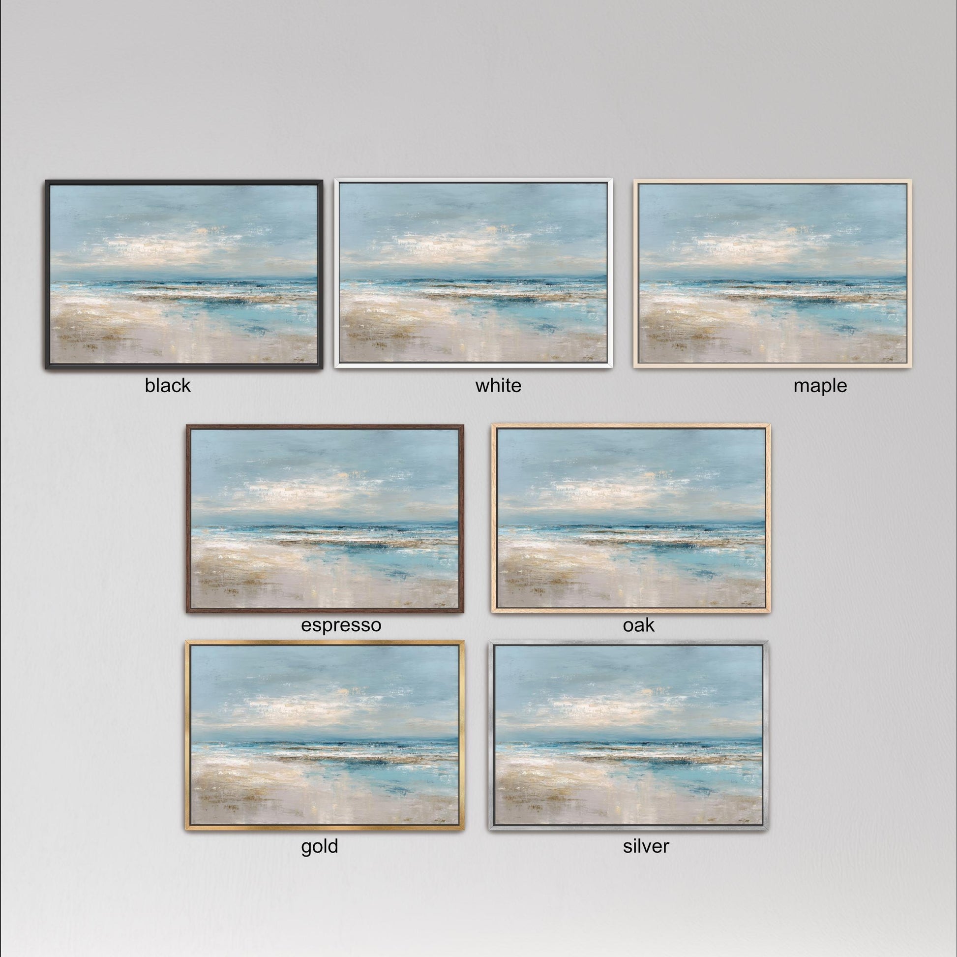 six framed landscape paintings, each with a different color frame, arranged in a grid. The paintings depict various scenes of a beach, ocean, and sky.