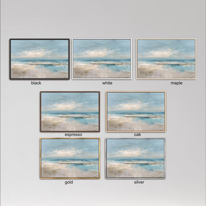 six framed landscape paintings, each with a different color frame, arranged in a grid. The paintings depict various scenes of a beach, ocean, and sky.