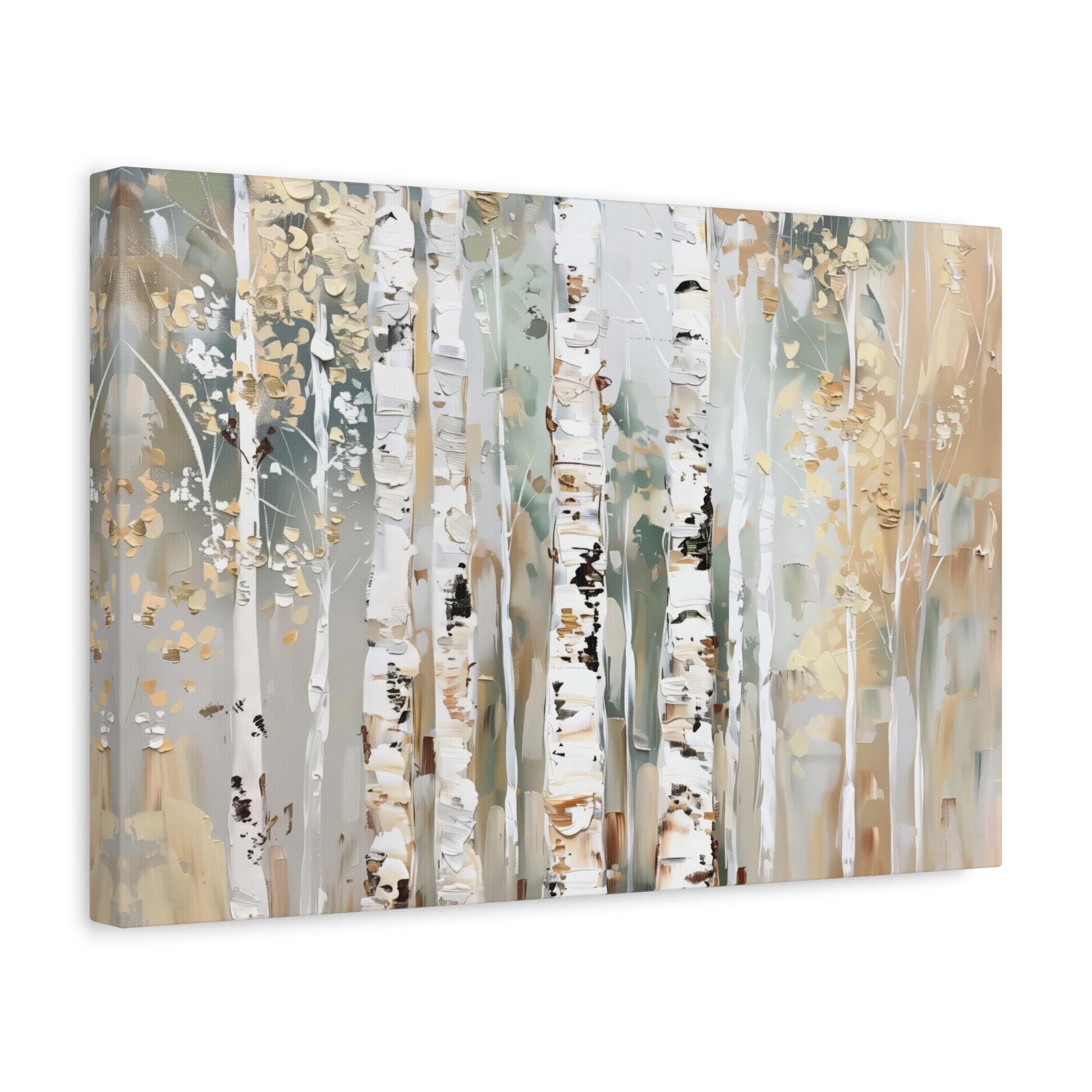 The image is a painting of a forest with birch trees, featuring white bark and gold leaves.