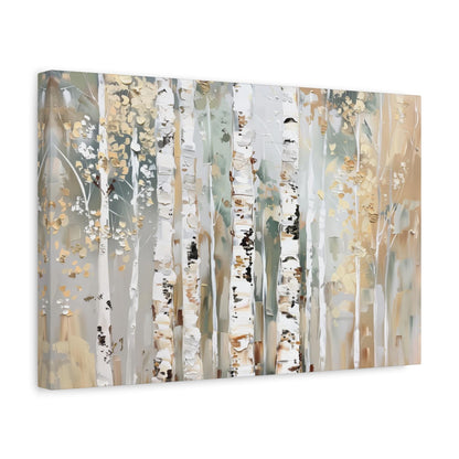 The image is a painting of a forest with birch trees, featuring white bark and gold leaves.