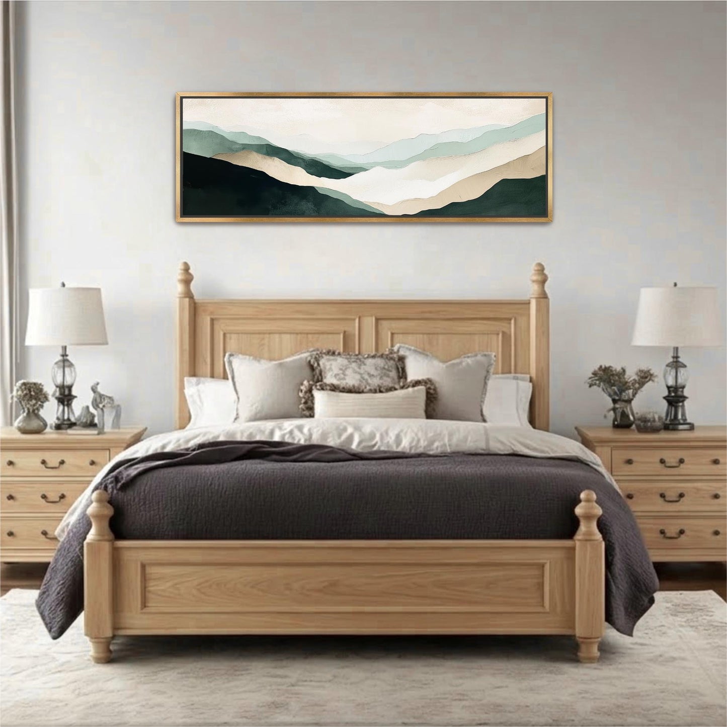 a serene bedroom setting with a large wooden bed, a wooden nightstand on each side, and a framed landscape painting above the bed.