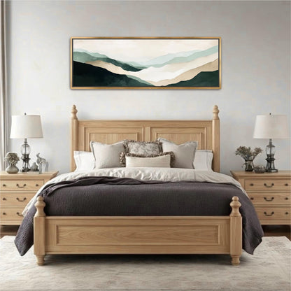 a serene bedroom setting with a large wooden bed, a wooden nightstand on each side, and a framed landscape painting above the bed.