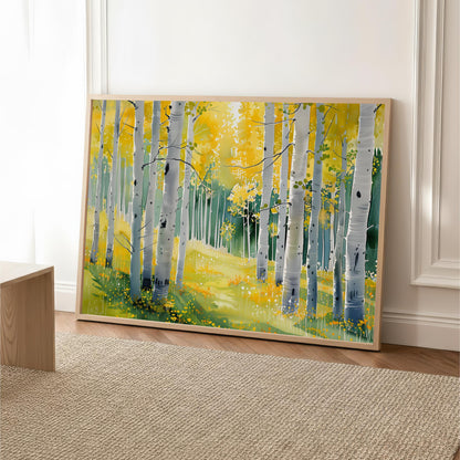 A large framed painting depicting a serene forest scene with tall trees and vibrant yellow foliage.