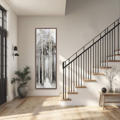 a modern and minimalist interior design, featuring a large painting of a forest scene on the wall, a black metal railing on the stairs, and a wooden bench near the stairs.