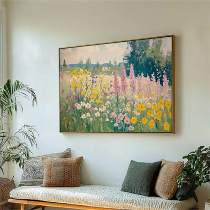 a large painting of a colorful garden with flowers hanging on the wall above a couch with pillows.