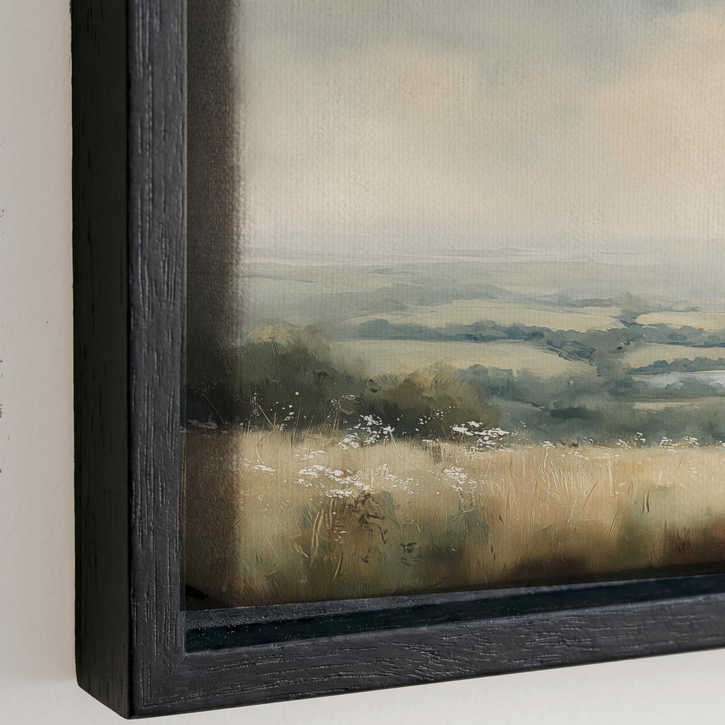 The image is a painting of a landscape with a field of tall grass and a cloudy sky in the background.