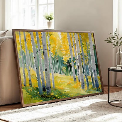 a large painting of a forest with yellow and green trees, displayed on a wall in a room with a window and a plant.