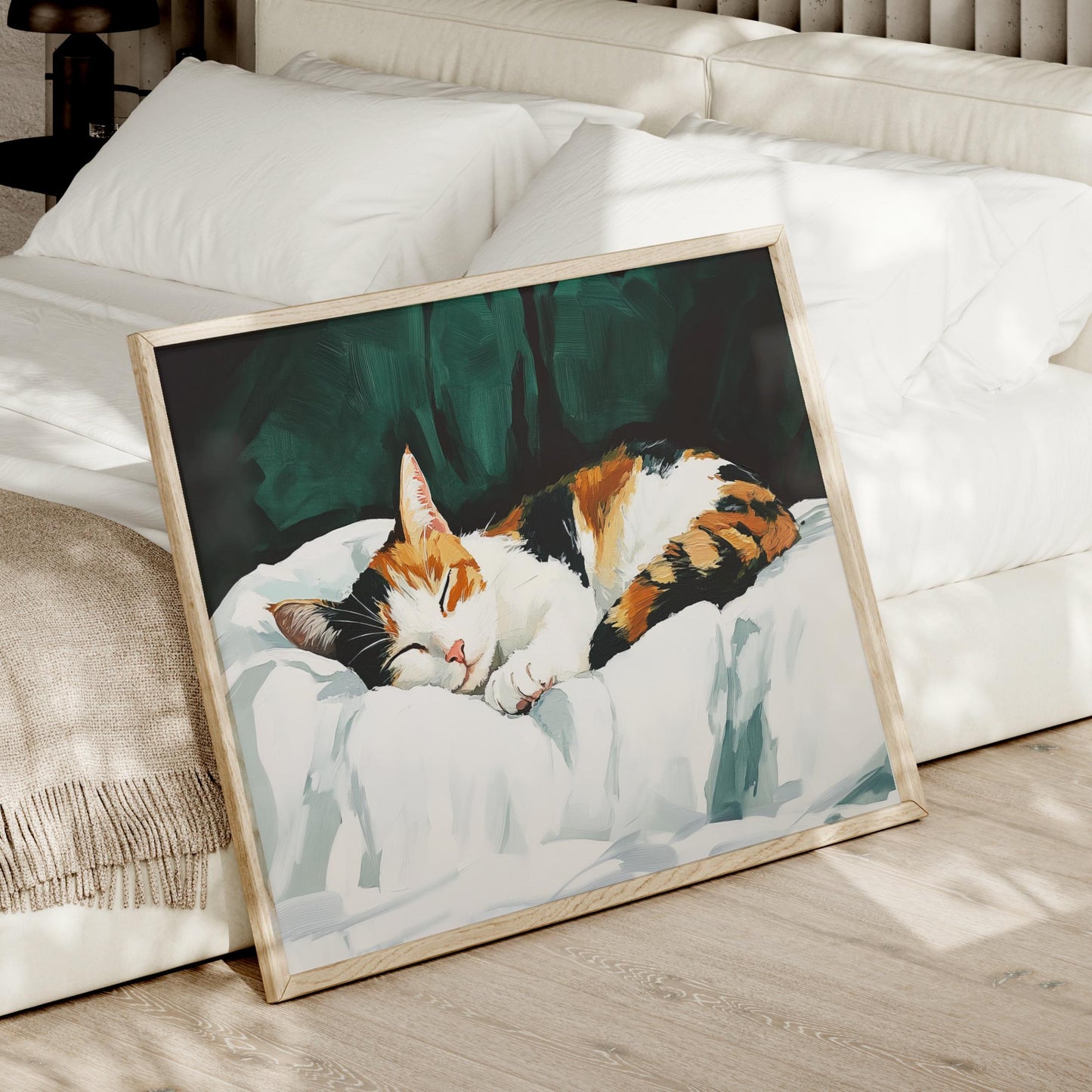 a picture of a cat laying on a bed