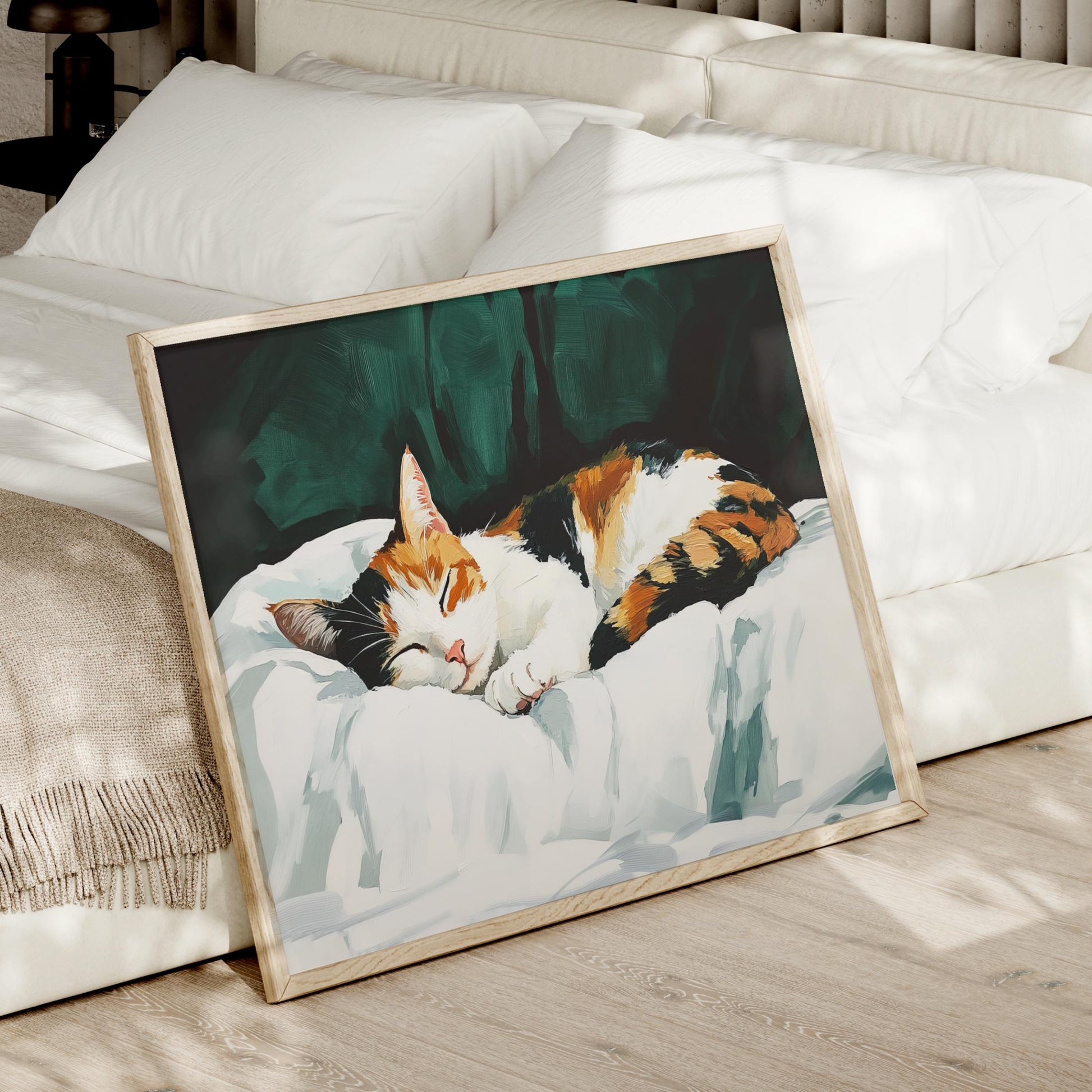 a picture of a cat laying on a bed